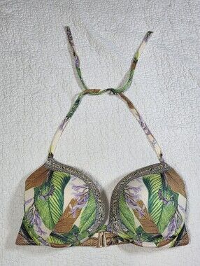 Victoria's Secret Hottie Hot Padded Tropical Leaf Halter Bikini Top 36D